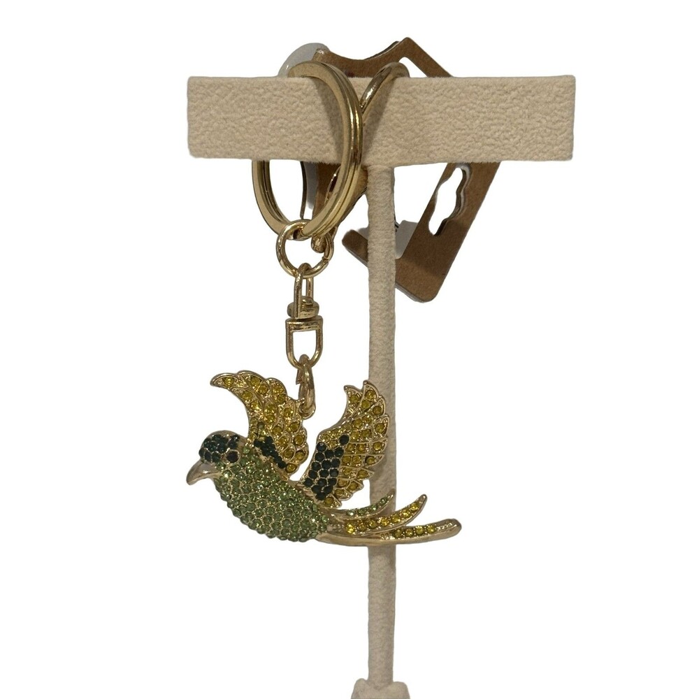 Rhinestone Bird Keychain Gold Green Yellow Keyring Lobster Clasp Charm